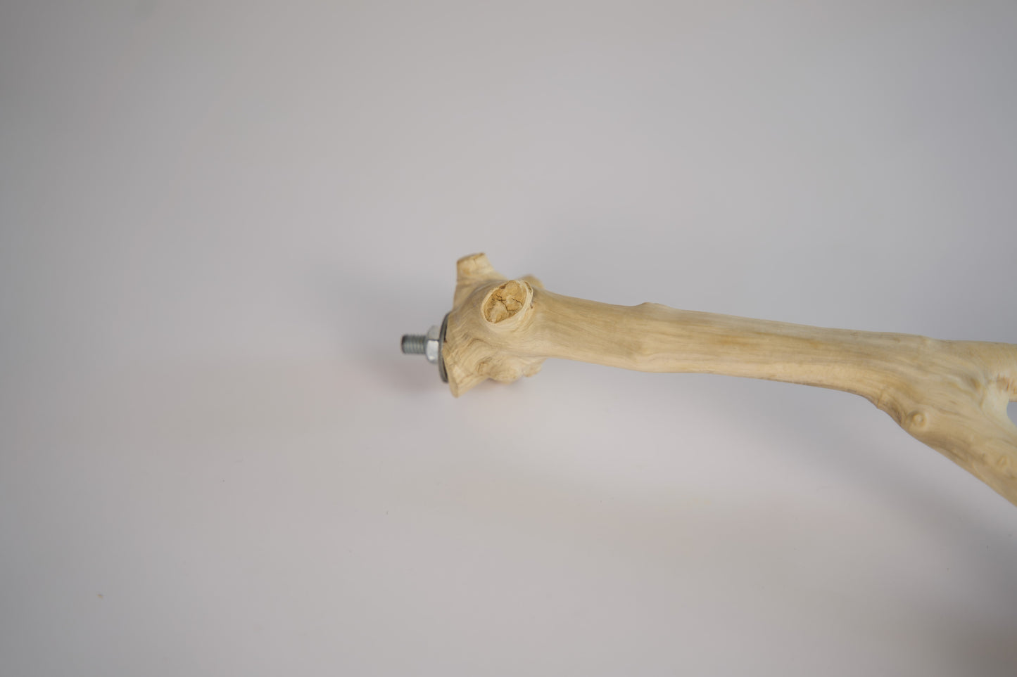Perchoir en bois pour oiseaux avec une vis métallique.