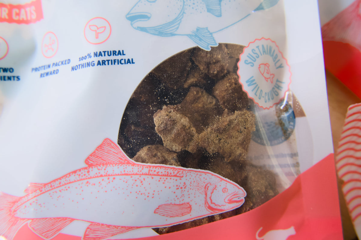 A close-up the cat treats Icelandic Cod and Salmon.