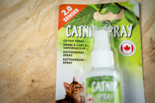 Close-up view of the Catit catnip spay that will stimulate your cat to play and/or scratch in the spot you want them to. | Vue rapprochée de la stérilisation à l'herbe à chat Catit qui stimulera votre chat à jouer et/ou à gratter à l'endroit souhaité.