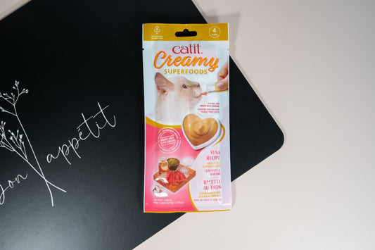 Catit Superfoods tuna recipe lickable cat treats, pack of 4. | Recette de thon Catit Superfoods, friandise à lécher pour chats, paquet de 4.