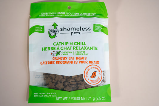 Shameless Pets Catnip N Chill are packed with pre and probiotics for a digestive support. | Shameless Pets Herbe à chat relaxantel contient des pré et probiotiques pour un aider le système digestif.