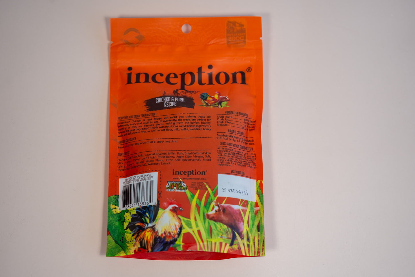 View of the ingredients list and guaranteed analysis of Inception chicken and pork dog treats.