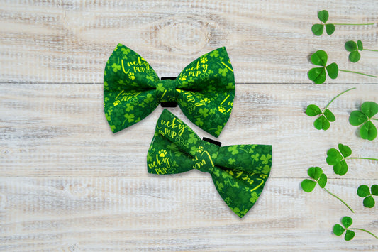 Two green dog bow ties with shamrock patterns on a wooden surface with clover leaves.|Deux nœuds papillon verts pour chiens, ornés de motifs de trèfle, sur une surface en bois décorée de feuilles de trèfle.