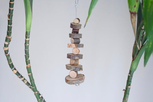 Hanging chew toy made out of apple wood. | Jouet à mâcher suspendu en bois de pommier.
