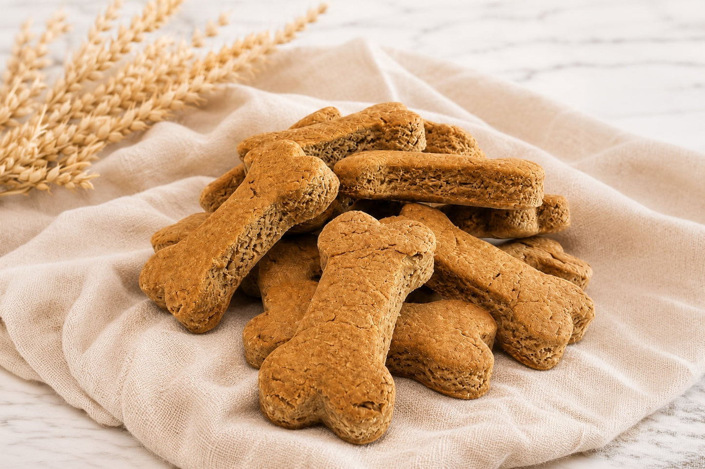 Close-up of dog peanut butter biscuits, gluten-free dog treats made with wholesome ingredients and baked in small batches.