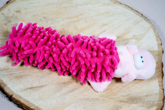 Pig plush toy with caterpillar body, soft, squeaky and no stuffing for small dogs. | Peluche en forme de cochon avec corps de chenille, douce, grinçante et sans rembourrage pour chien de petite taille.
