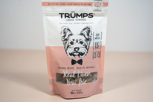 Trumps choice rewards real liver dog treats made in Canada. | Trumps choice récompense de véritables friandises pour chiens au foie fabriquées au Canada.