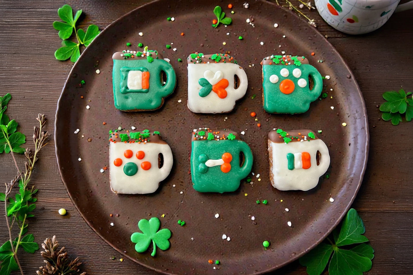 St. Patrick’s Day coffee-shaped dog treats.