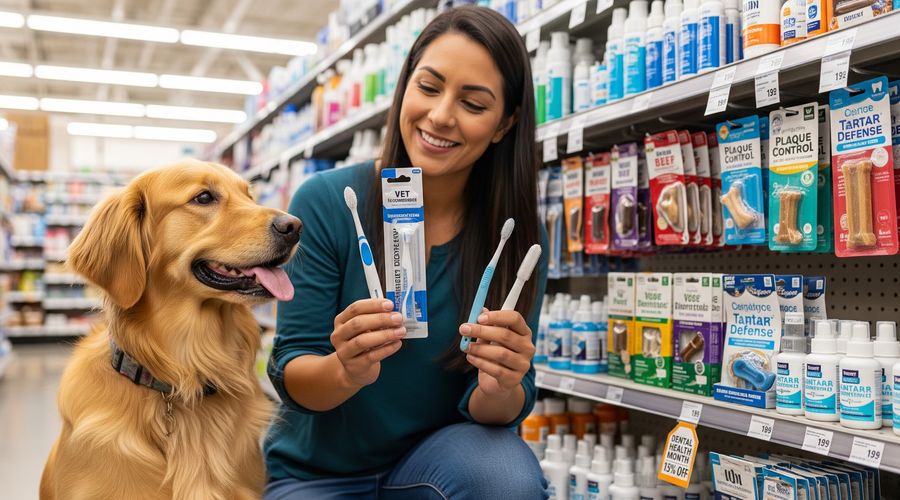 Woman showing a brush and toothpaste to her dog.