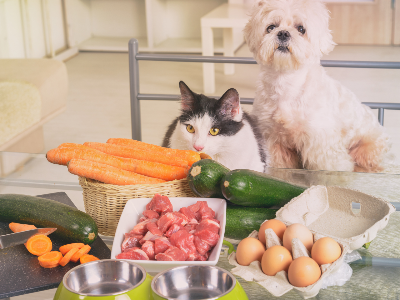 Cat and dog sitting in front of fresh food.