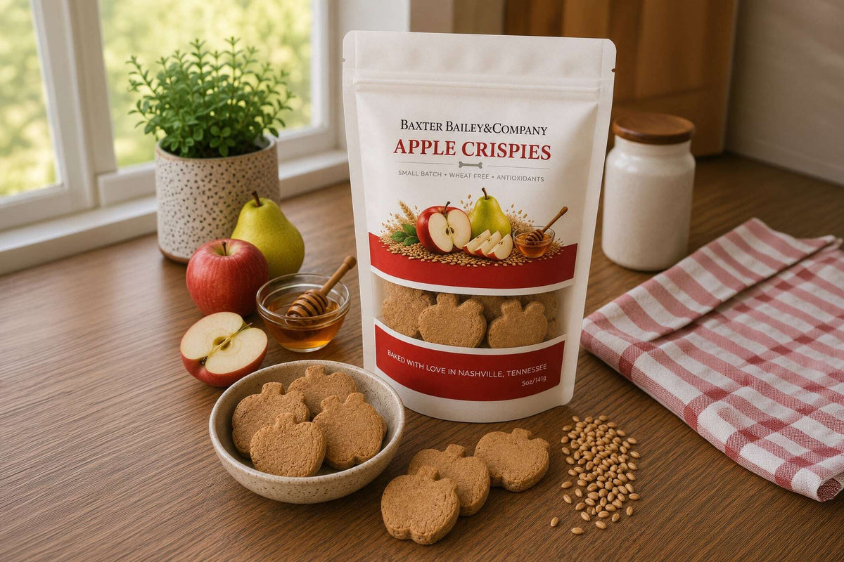 Baxter Bailey AppleCrispies natural dog treats made with real apples, pears and oat flour in resealable bag.