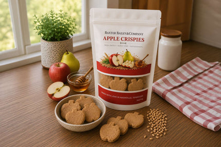 Baxter Bailey AppleCrispies natural dog treats made with real apples, pears and oat flour in resealable bag.