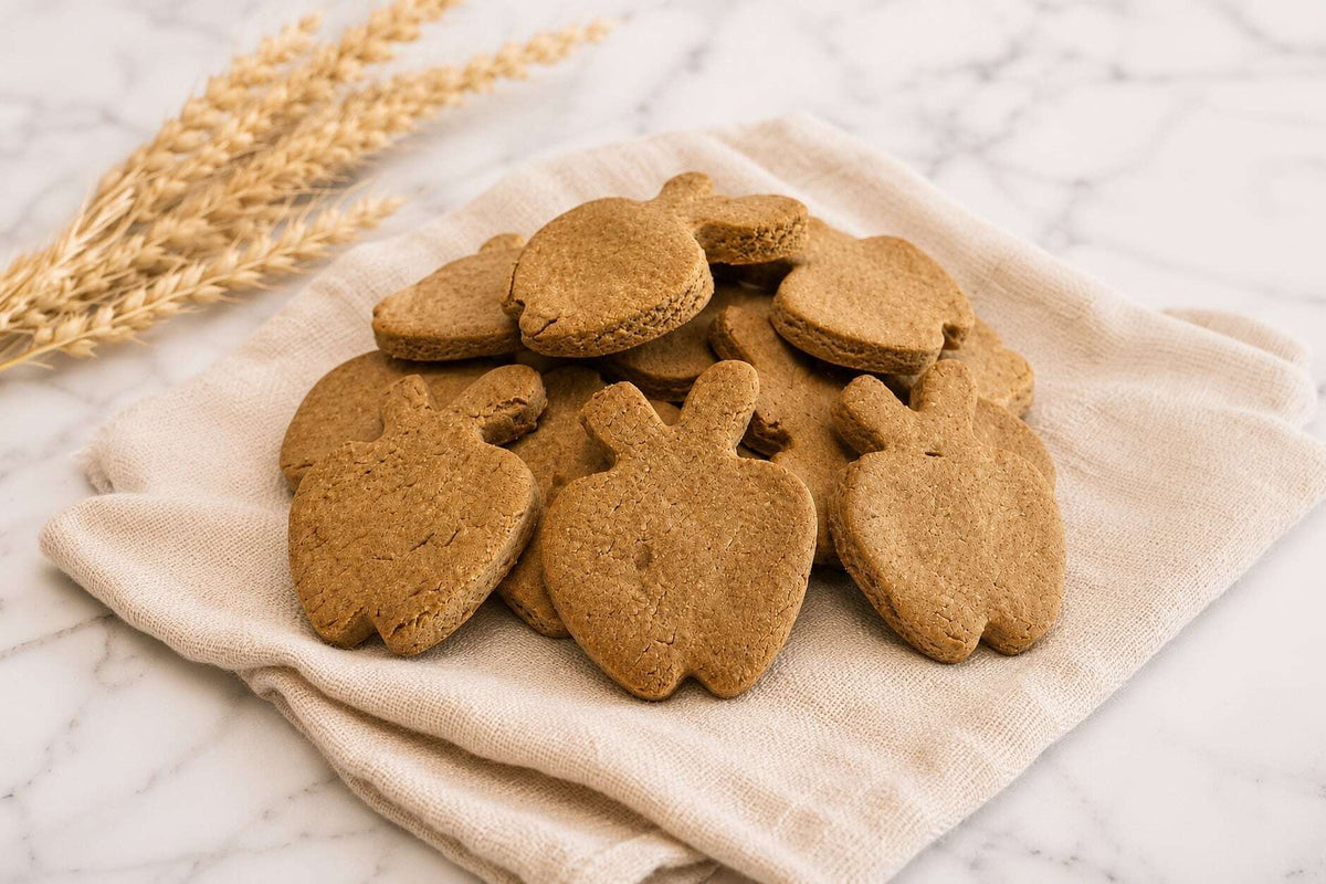 Close-up of Apple Crispies handcrafted dog treats, gluten-free apple and pear biscuits made with wholesome ingredients.