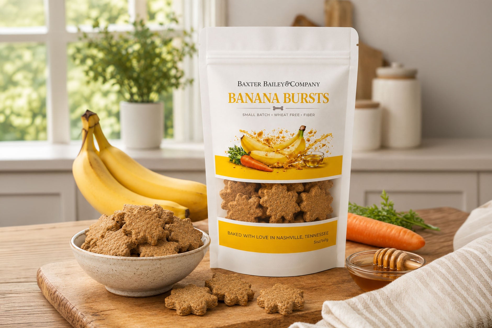 Baxter Bailey Banana Bursts natural dog treats made with real bananas and oat flour in resealable bag.