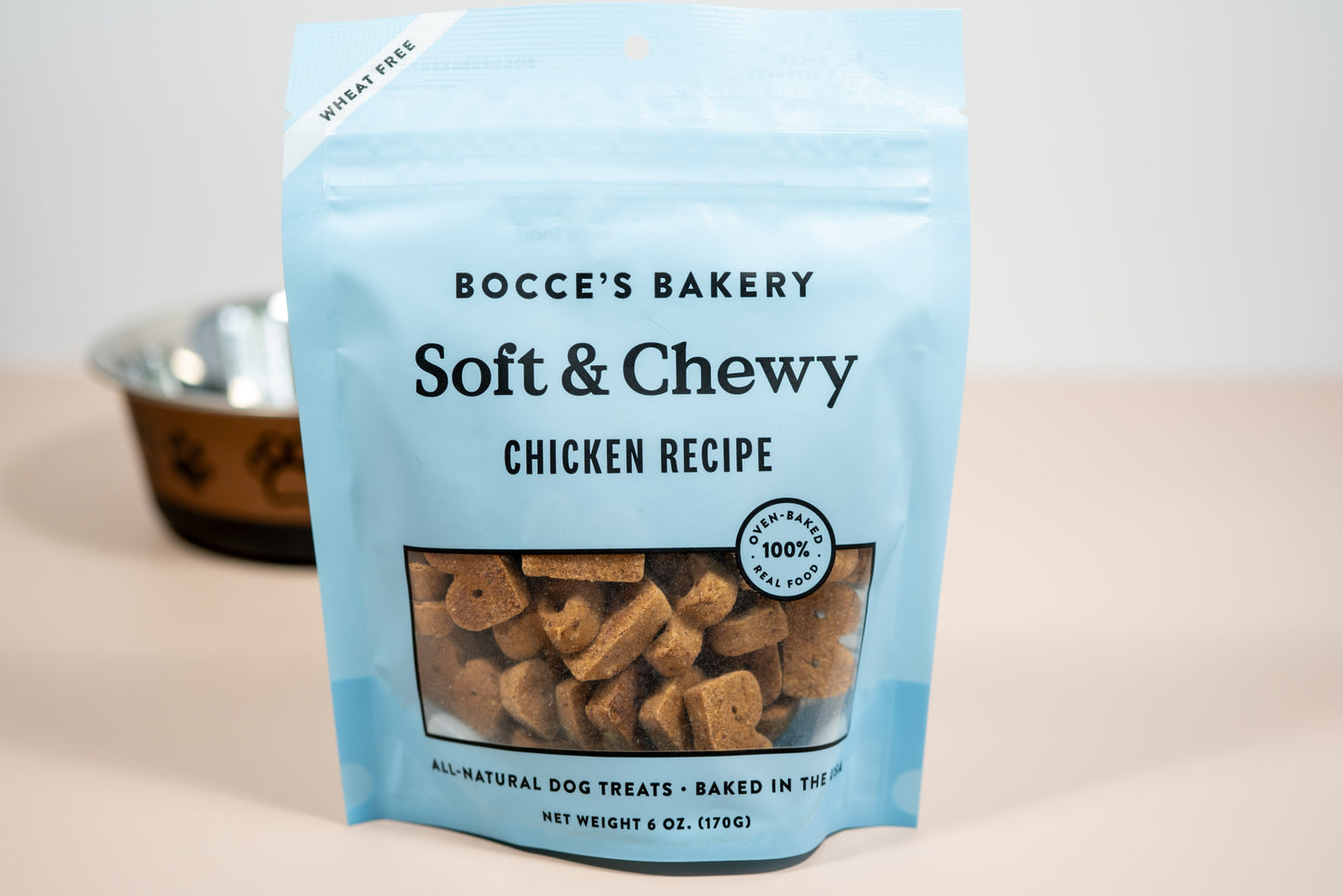 All-natural dog treats baked in the USA: Bocce's Bakeky soft and chewy chicken recipe for puppies.