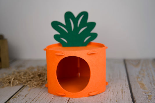 Cozy small pet house shaped like a bright orange carrot, featuring a soft entrance and leafy green top, perfect for rabbits, guinea pigs, or small pets.|Maison douillette pour petit animal en forme de carotte orange vif, avec une entrée douce et un sommet vert feuillu, idéale pour les lapins, cochons d’Inde ou autres petits animaux.