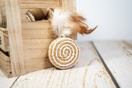 Hochet pour chat en forme de jonc avec plume de couleur beige.