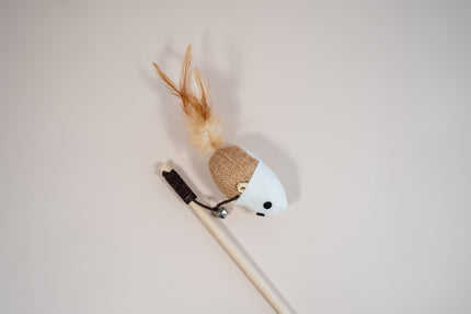 Close view of a cat teaser in mouse shaped with a feather as a tail.