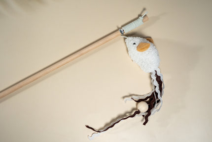 Cat teaser on stick with white mouse.
