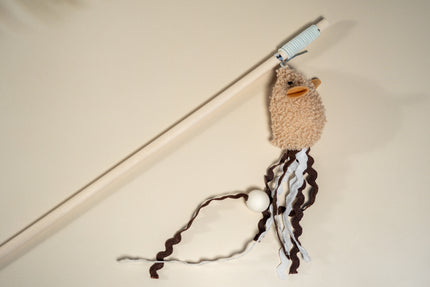 Cat teaser on stick with light brown mouse.
