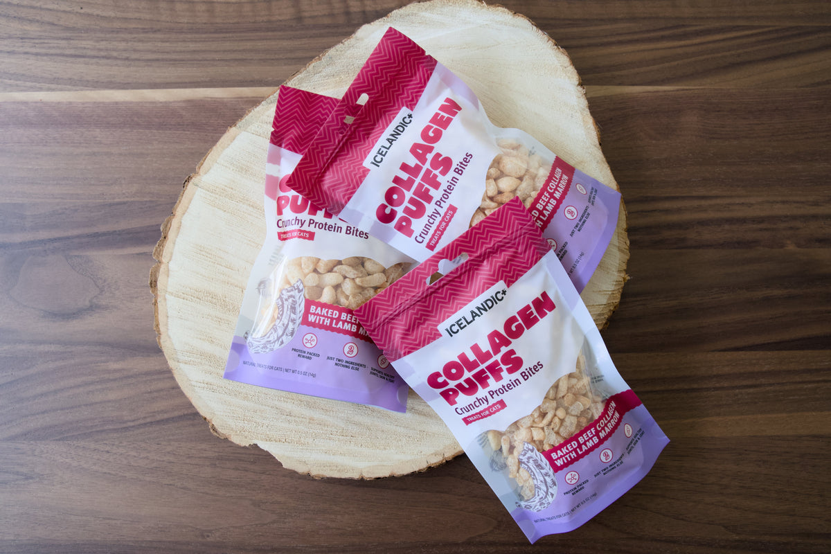 Three bags of Icelandic+ Collagen Puffs protein bites for cats.