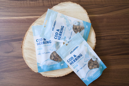 Three bags of Icelandic+ cod and herring fish bites for cats.
