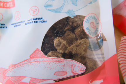 A close-up the cat treats Icelandic Cod and Salmon.