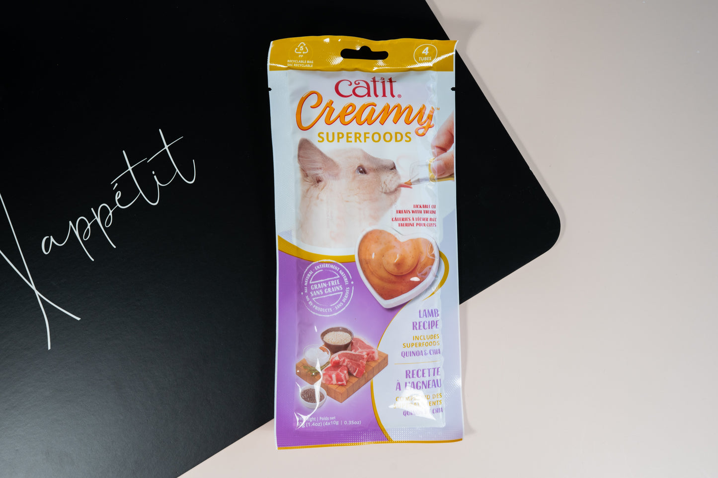 Catit Creamy Superfoods lamb, quinoa and chia lickable cat treat, pack of 4.
