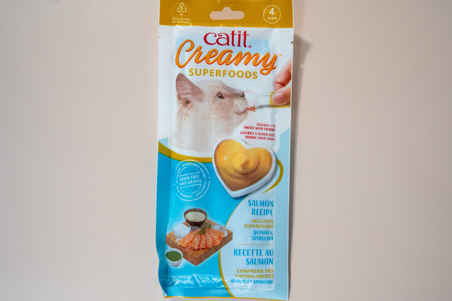 Front view of this salmon recipe cat treat from Catit Superfoods brand.