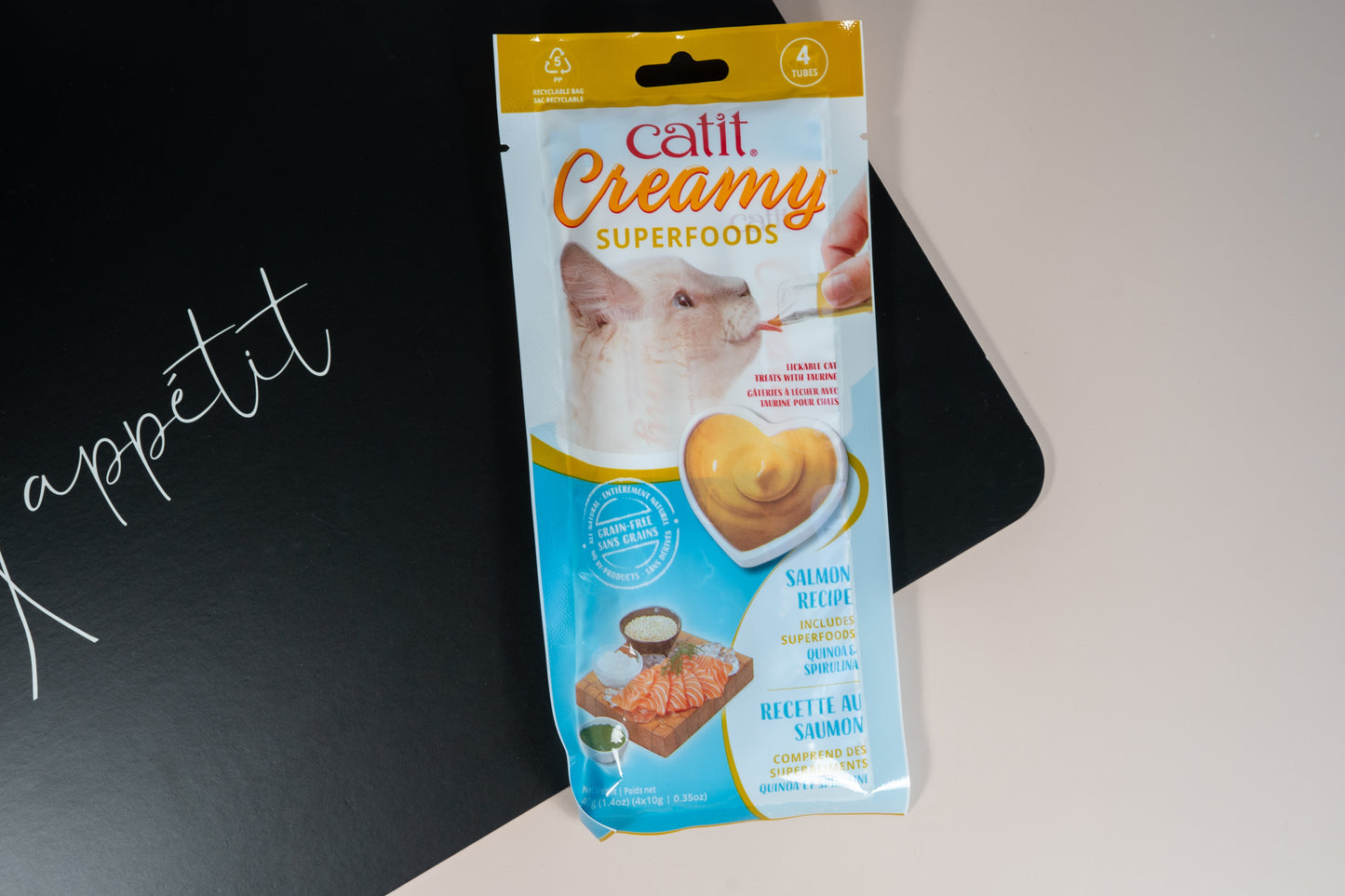 Catit Creamy Superfoods made with salmon, quinoa and spirulina lickable cat treats, pack of 4.