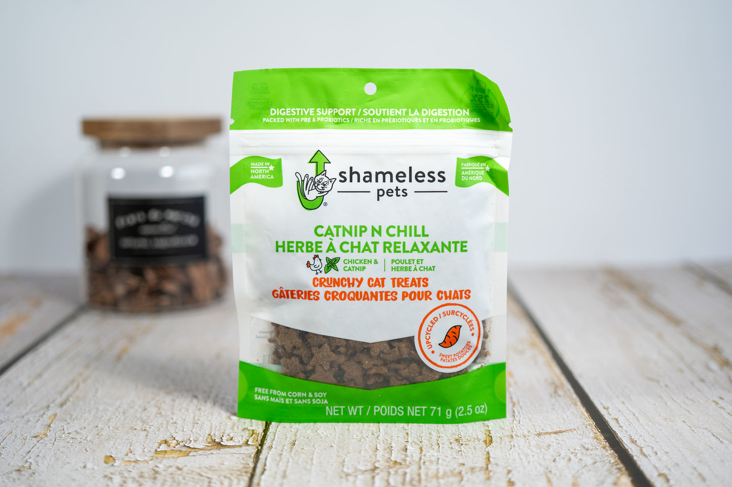 Shameless Pets Crunchy cat treats with chicken and catnip.