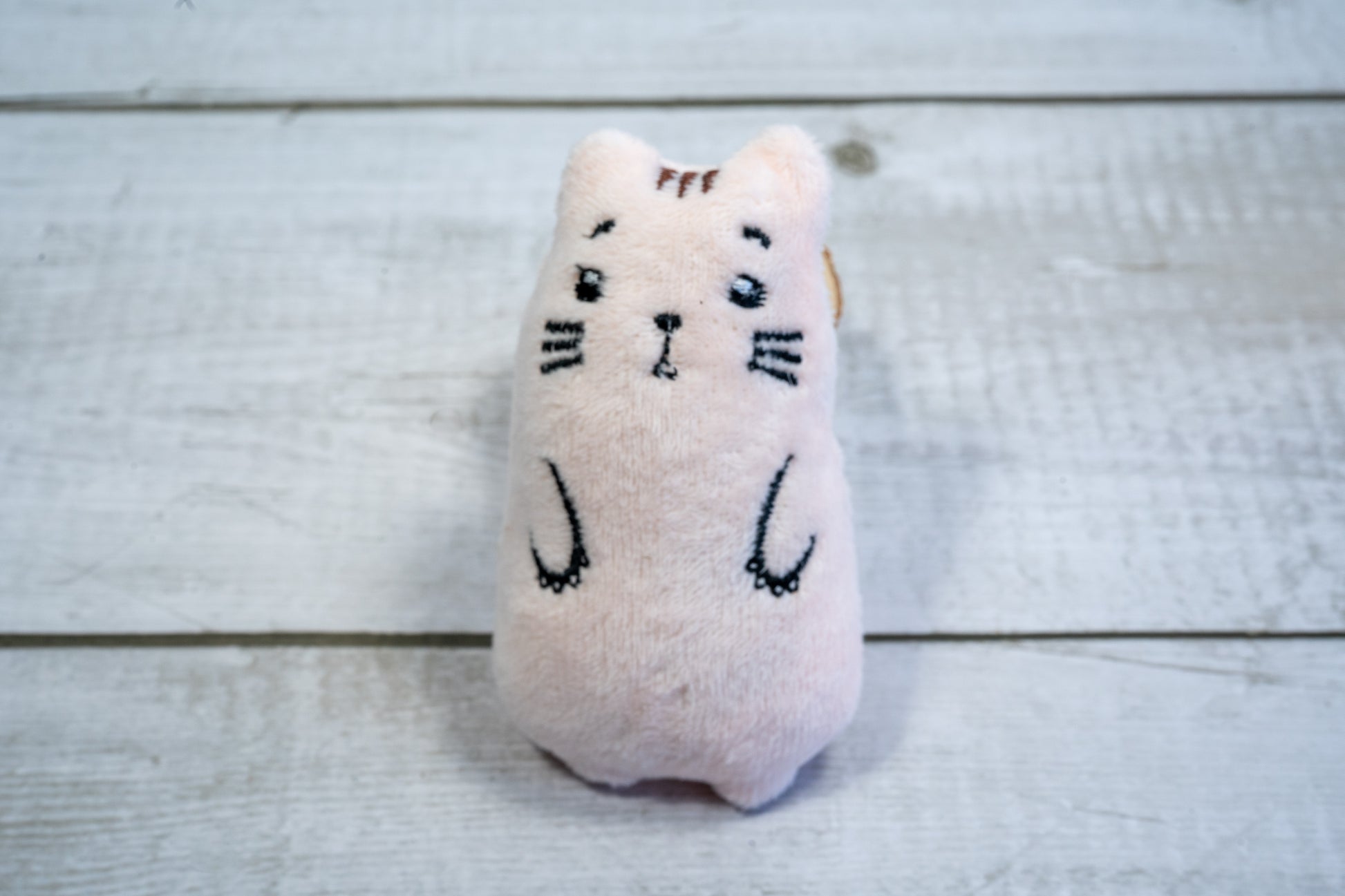 Stuffed animal cat toy filled with catnip. | Jouet pour chat en peluche en forme de souris rose rempli d'herbe à chat.