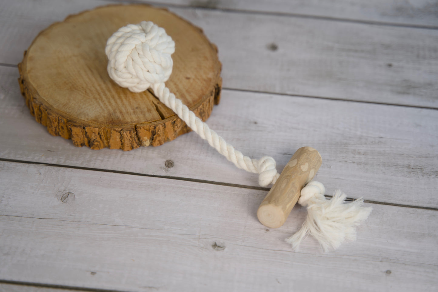 Jouet pour chien en corde et poignée en bois, posé sur une surface en bois.