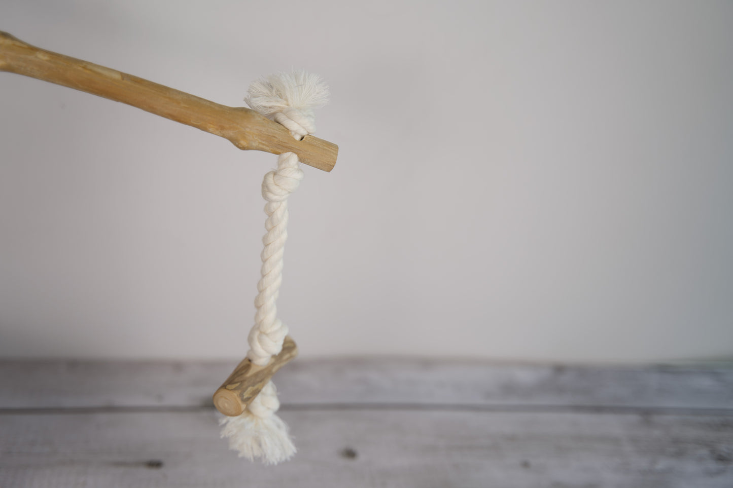 Perchoir pour oiseaux en bois avec une corde attachée, sur un fond uni.