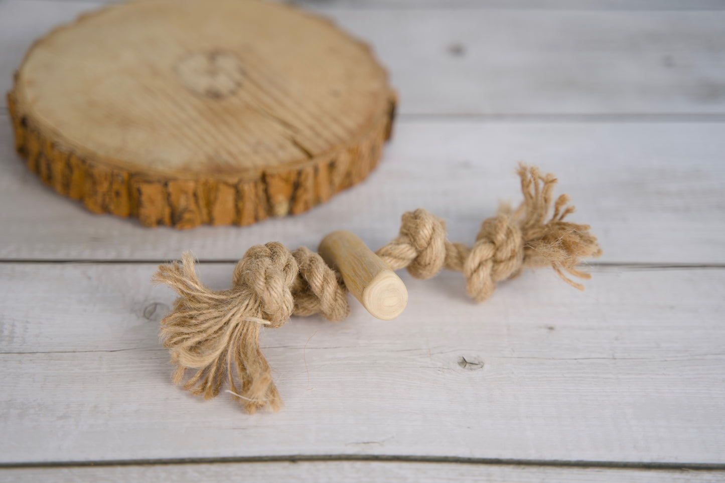 Dog chew toy with hemp rope and coffee wooden.