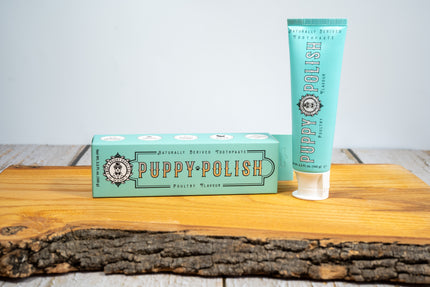 Poultry flavored, natural origin Puppy Polish pet toothpaste from Wag & Bright Suppliy Co.