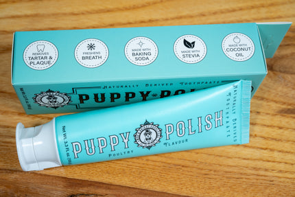 Puppy Polish dog toothpaste removes tartar and plaque and freshens breath and is made with baking soda, stevia and coconut oil.