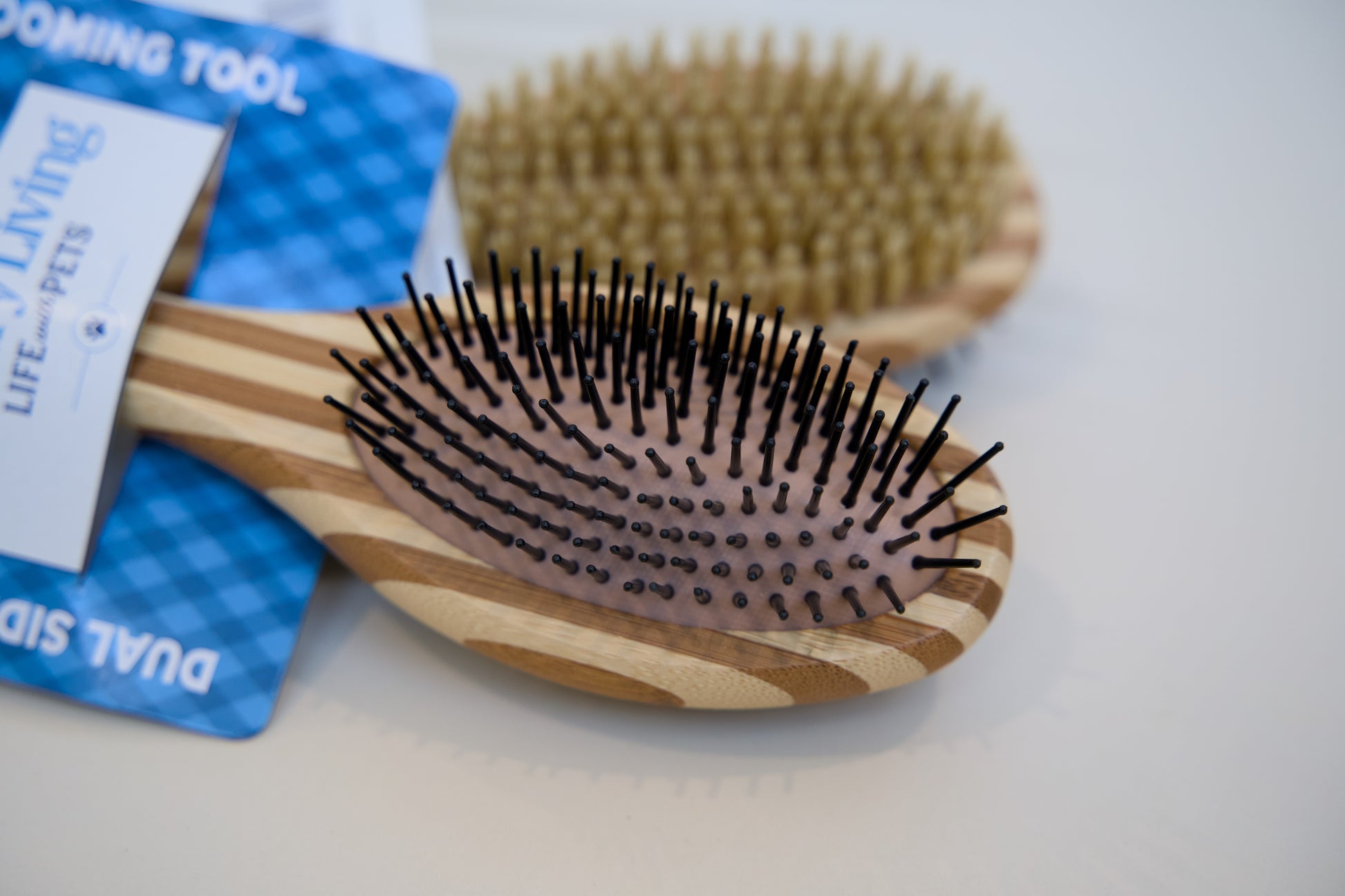 Wooden dog brush with bristles on a white surface.