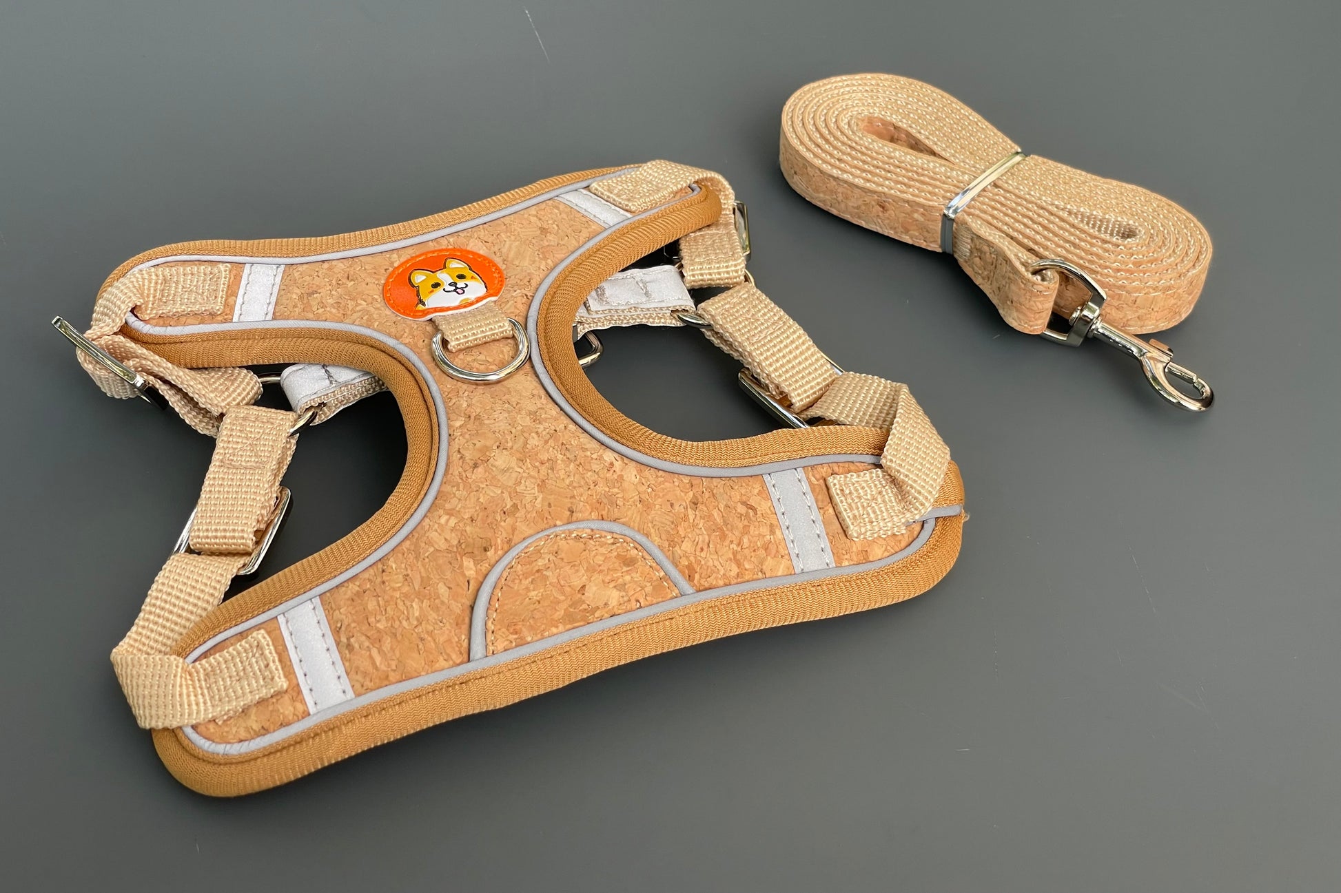 Ensemble harnais et laisse pour chien en liège sur fond gris.
