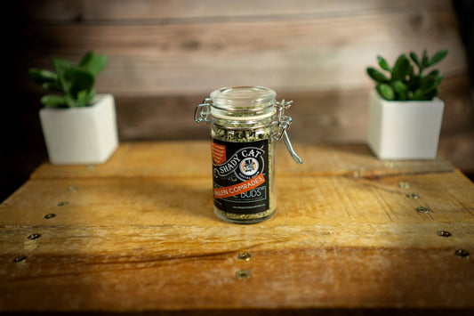 Less-than-pretty catnip buds in a glass jar.|Des bourgeons d'herbe à chat peu esthétiques dans un bocal en verre.