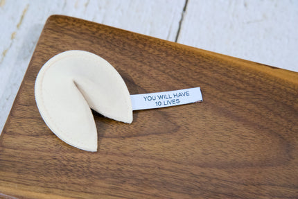 A fortune cookie cat toy with catnip and a tag that reads YOU WILL HAVE 10 LIVES.