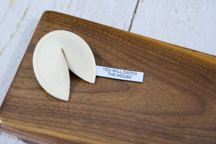 A fortune cookie cat toy with catnip and a tag that reads YOU WILL CATCH THE MOUSE.