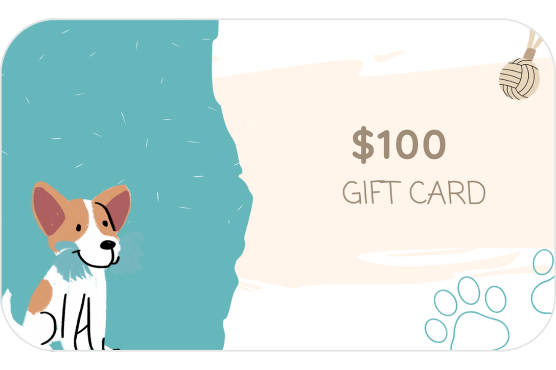 Furry Garden Co pet supplies $100 gift card. | Carte-cadeaux 100$ de Furry Garden Co, fournitures et accessoires pour animaux.