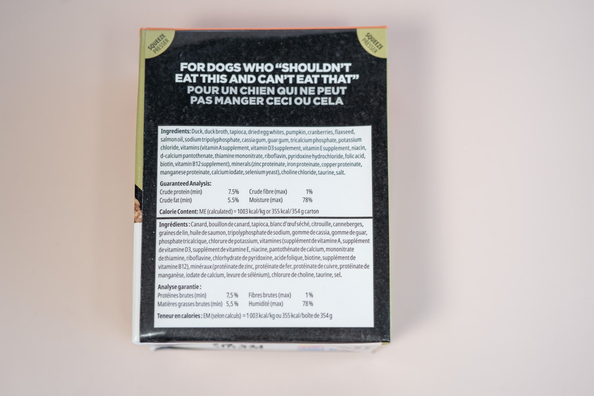 Grain-free duck dog food for dogs who shouldn't eat this and can't eat that. | Nourriture pour chiens au canard qui a une diète alimentaire précise.