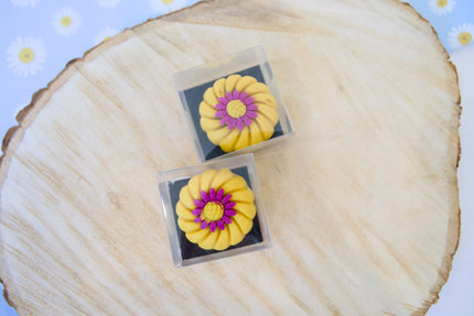 Deux gâteaux pour chiens décorés de fleurs jaunes à cœur violet, posés sur une surface en bois.