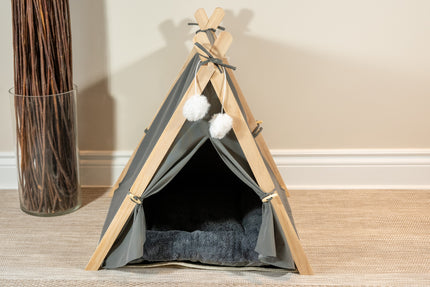 Tente grise foncée pour chiens, chats et lapins avec coussin douillet et pompons doux.