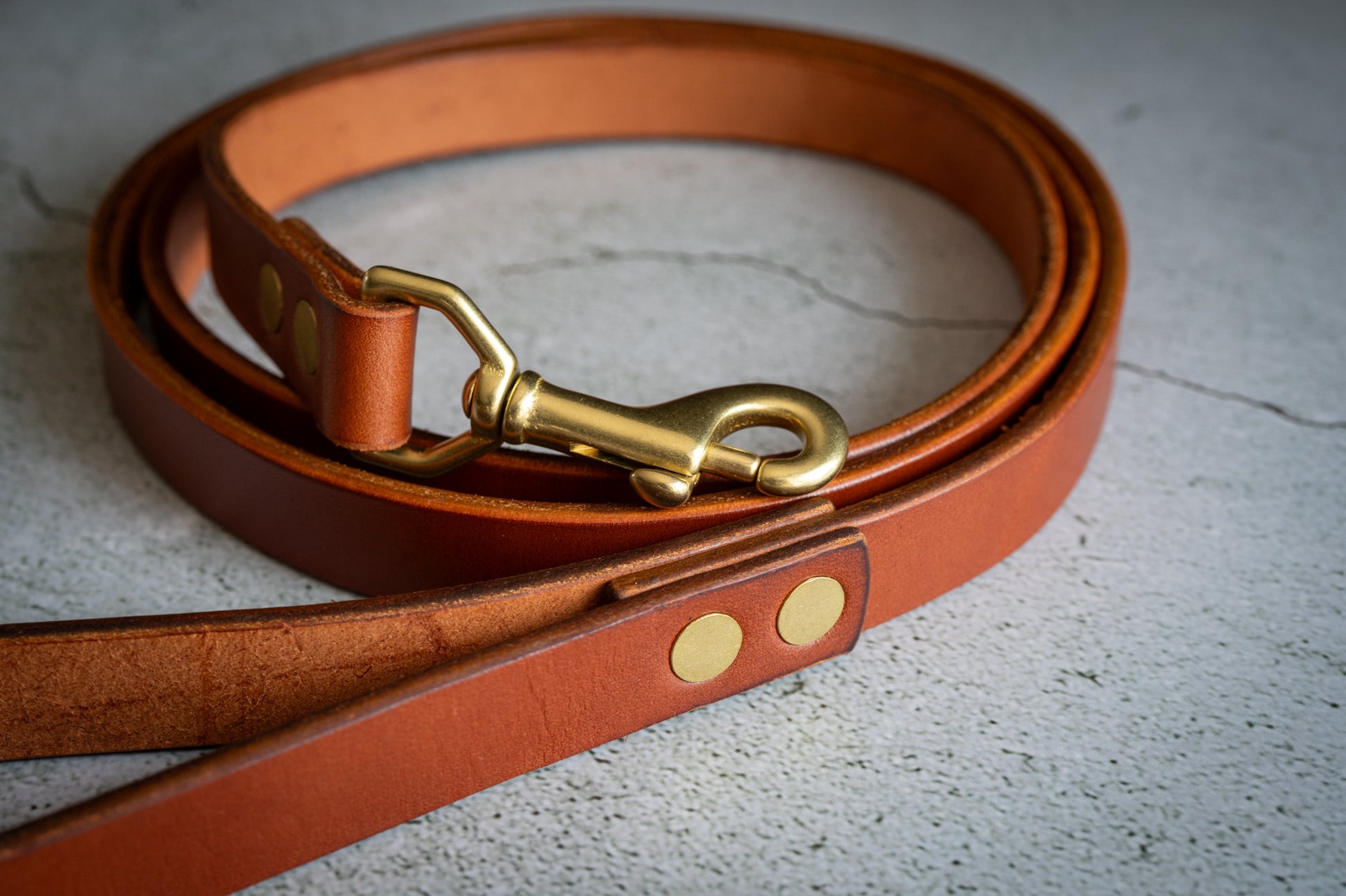Brown leather dog leash with copper-colored metal clip. | Laisse pour chien en cuir marron avec clip en métal couleur cuivre.