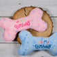 Happy birthday plush bone to celebrate your dog's birthday, available in pink and blue.