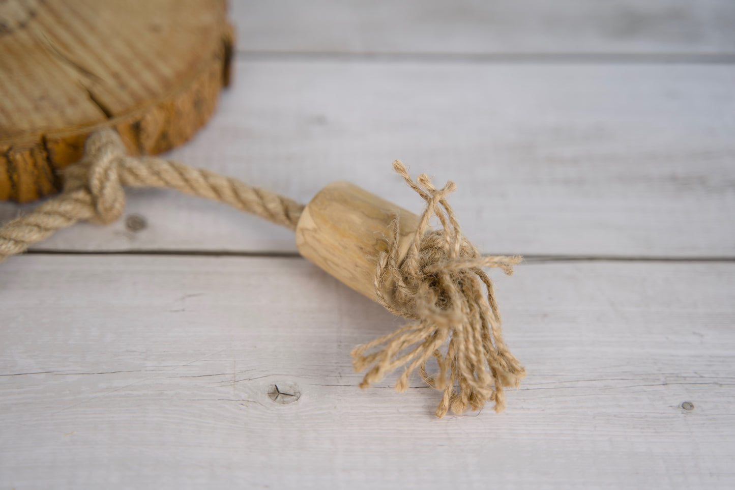 Wooden dog toy with rope on a light wooden surface.