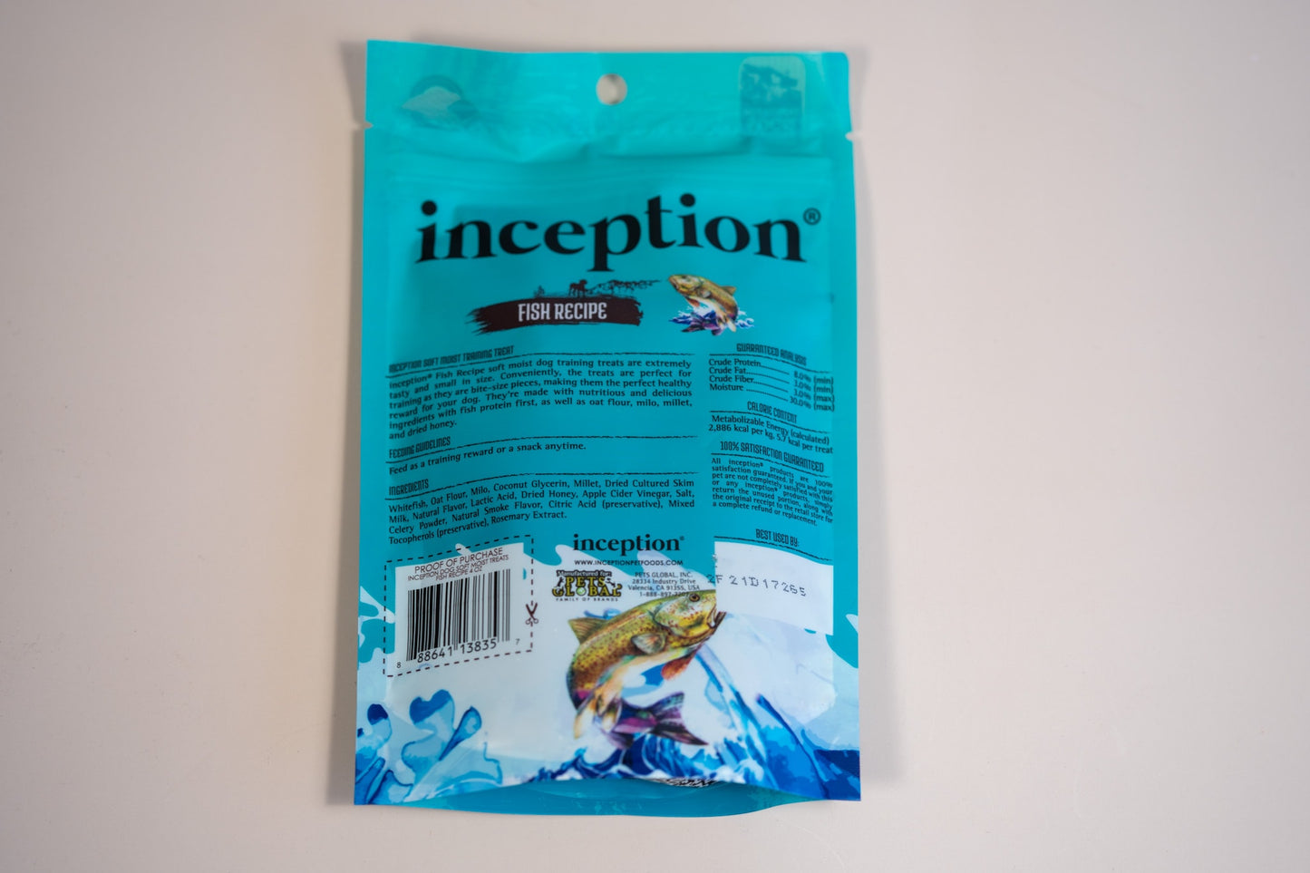 View of the ingredients list and guaranteed analysis of Inception fish recipe dog treats.